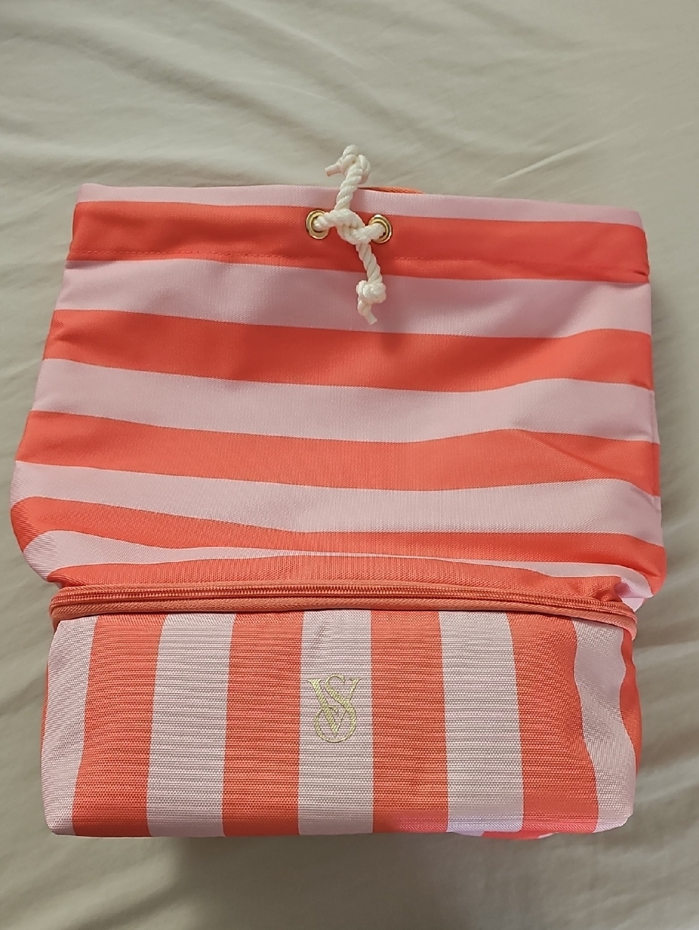 Victoria Secret Striped Coral & Light Pink Backpack with Built-In Cooler Bag